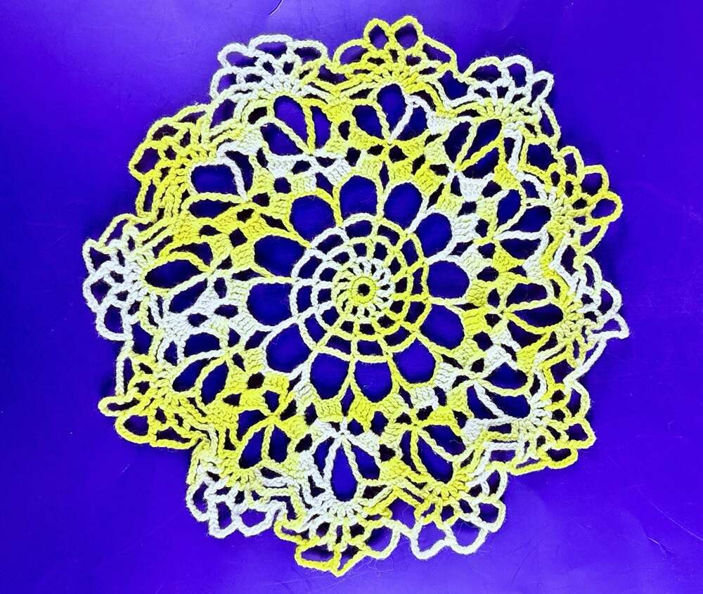 VTG Doily Crocheted Starburst Flower Yellow And White Handmade MCM 9.5" Granny